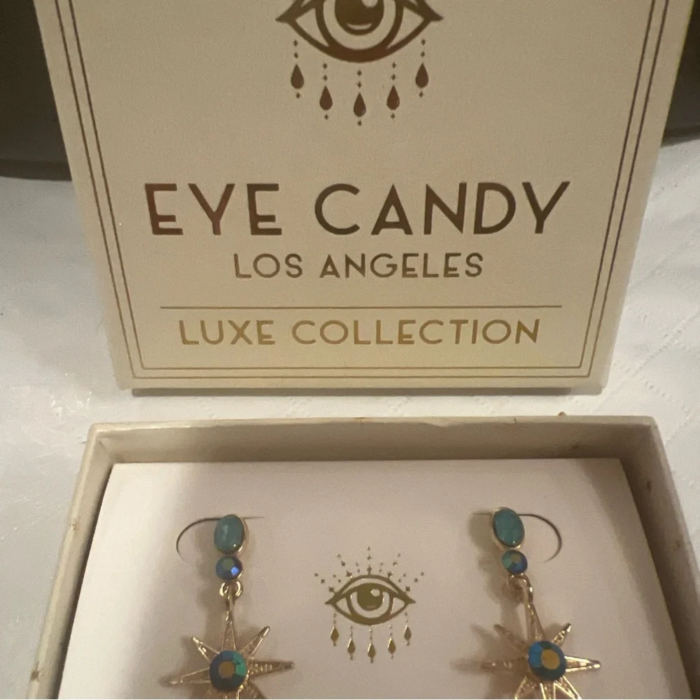 Eye Candy Gold Star and Moon Earrings with Blue Crystals - Picture 4 of 4